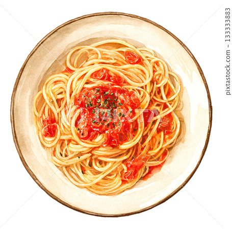 水彩畫_番茄醬義大利麵_俯視圖 水彩畫_番茄醬義大利麵_俯視圖 133333883
