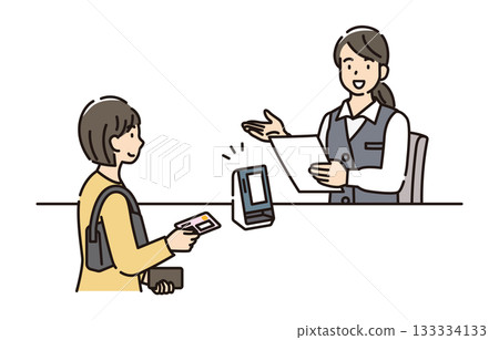 A woman presenting her My Number card at the reception desk 133334133