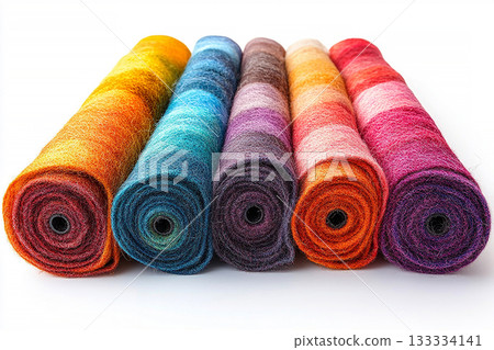 Fabric samples. Rolls of Fabric. Scraps arranged in a rainbow gradient. White background. 133334141