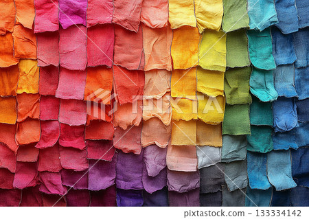 Clothing production. Flat lay. Multi-colored fabrics. Scraps arranged in a rainbow gradient. White background. Clothing production. Flat lay. Multi-colored fabrics. Scraps arranged in a rainbow gradient. White background. 133334142