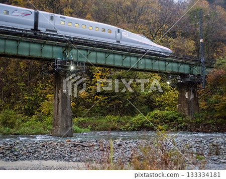 [Akita Shinkansen] Limited Express Komachi passing through a valley at dusk in autumn 133334181
