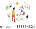 Illustration of a futuristic business scene where a human and a robot shake hands (coexistence, technology, collaboration) 133334321