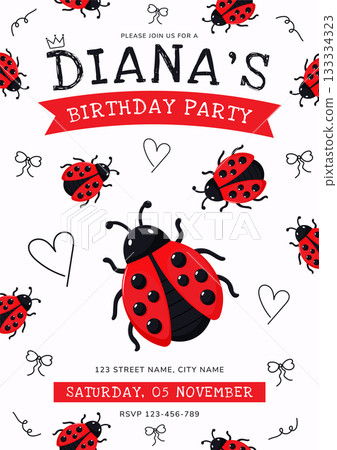 Ladybug Birthday Party Invitation Template Cute Vector Illustration. Ladybug Birthday Party Invitation Template Cute Vector Illustration. 133334323