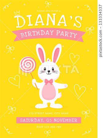 Cute Bunny Rabbit Birthday Party Invitation Template Vector. 133334337