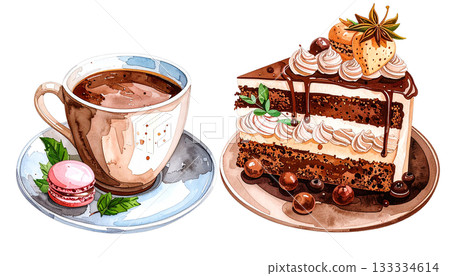 巧克力蛋糕、馬卡龍和咖啡的水彩插圖 133334614