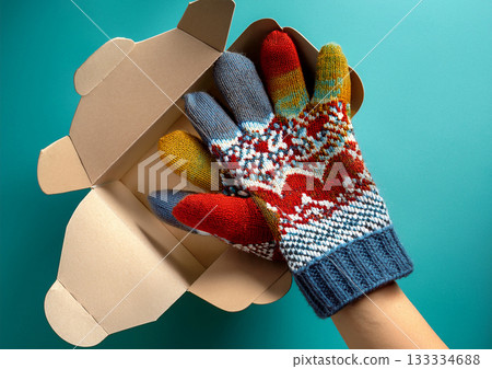 以綠松石為背景的禮盒，內裝一副五指手工編織手套，手套上飾有色彩鮮豔的北歐圖案。冬季禮物。 133334688