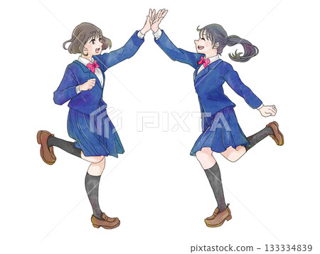 Illustration of two female students high-fiving Illustration of two female students high-fiving 133334839