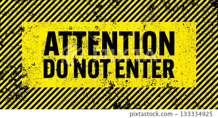 Warning sign with yellow and black diagonal lines. Attention, danger or caution symbol. Construction site signage, road safety notice, hazard banner, security alert shield. Vector illustration Warning sign with yellow and black diagonal lines. Attention, danger or caution symbol. Construction site signage, road safety notice, hazard banner, security alert shield. Vector illustration 133334925