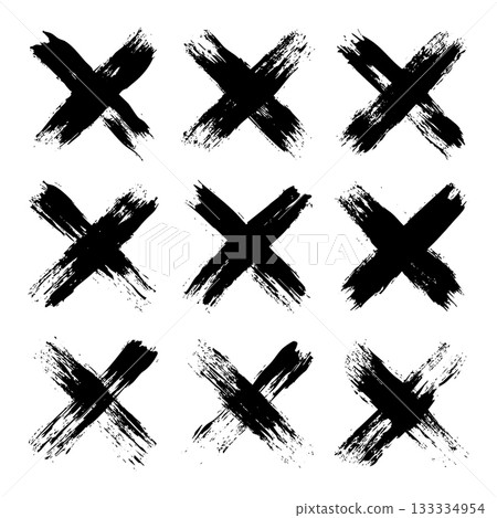 Grunge crosses, brush strokes, x mark, lines, ink smudges, hand-drawn scribble shapes. Handmade sketchy marks, acrylic stains, charcoal streaks. Paint textures, dry brush effect. Vector illustration 133334954