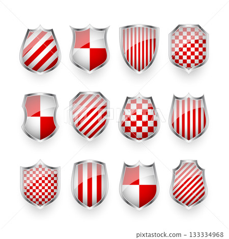 Glossy shields with red and black white. Security and protection concept. Cyber safety icons, internet privacy, web defense, digital data protection and antivirus themes. Vector illustration 133334968