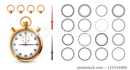 Realistic classic stopwatch. Shiny golden metal chronometer, time counter with dial. Countdown timer showing minutes and seconds. Time measurement for sport, start, finish. Vector illustration Realistic classic stopwatch. Shiny golden metal chronometer, time counter with dial. Countdown timer showing minutes and seconds. Time measurement for sport, start, finish. Vector illustration 133334969