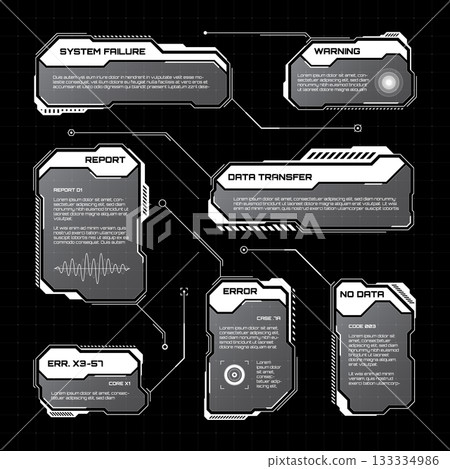 White futuristic HUD, UI elements. Sci-fi user interface text boxes, callouts. Warning message frames, information boxes template. Modern game interface layout in digital style. Vector illustration 133334986