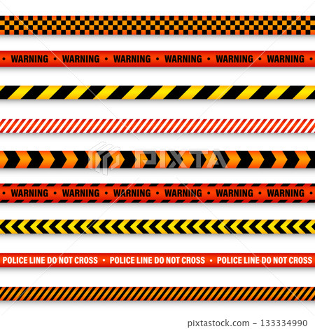 Barricade construction tape. Colorful police warning line, brightly colored danger or hazard stripe, ribbon. Restricted area, zone. Attention symbol. Vector illustration Barricade construction tape. Colorful police warning line, brightly colored danger or hazard stripe, ribbon. Restricted area, zone. Attention symbol. Vector illustration 133334990