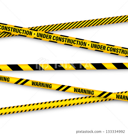 Barricade construction tape. Colorful police warning line, brightly colored danger or hazard stripe, ribbon. Restricted area, zone. Attention symbol. Vector illustration 133334992