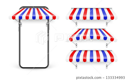Smartphone with shop sunshade, metal mount, online internet shopping. Realistic striped cafe awning. Outdoor market tent. Roof canopy in French flag colors. Summer street store. Vector illustration 133334993