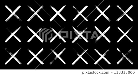 Grunge crosses, brush strokes, x mark, lines, ink smudges, hand-drawn scribble shapes. Handmade sketchy marks, acrylic stains, charcoal streaks. Paint textures, dry brush effect. Vector illustration 133335000