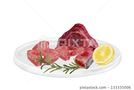 Tuna fillet on a plate with lemon and rosemary branches watercolor. Hand-drawn ocean fish on a white background. Food clip art. Perfect for restaurant menu recipe books and Japanese cuisine. 133335006