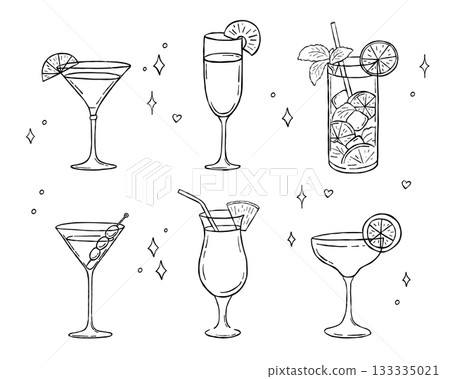 Cocktail sketch, vector illustrations set, mojito, and champagne, outline doodles Cocktail sketch, vector illustrations set, mojito, and champagne, outline doodles 133335021