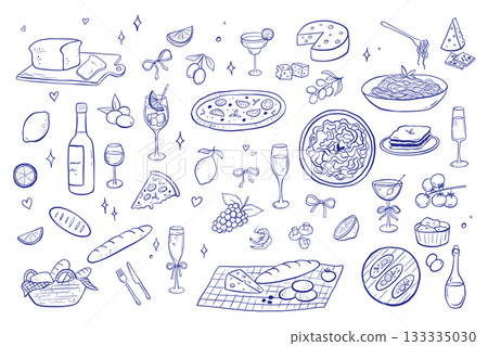 Whimsical Italian dinner elements - bruschetta, pizza, pasta. Modern line art illustrations with chalk for menu or culinary stickers. Hand drawn icons set, vintage kitchen sketch 133335030