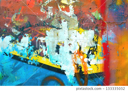 Vibrant Abstract Graffiti Texture with Blue, Orange, Yellow for Urban Street Art 133335032