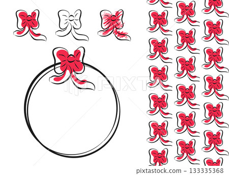 Bow holiday isolated icon, hand drawn sketch line set, circle shape frame, abstract seamless pattern on white background. Vector doodle graphic style illustration 133335368
