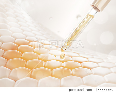 3d oil pipette drips onto skin cells. Epidermis hexagon pattern with liquid gold drop of cosmetic castor or turmeric oil serum. Beauty facial skincare with dropper and vitamin essence. 3D illustration 133335369
