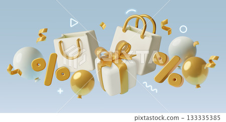 Holiday sale and discount concept composition of 3D vector objects and neon glow abstract decoration 133335385