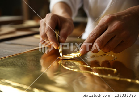 一位工匠小心翼翼地貼上金箔（金澤傳統工藝）。 133335389