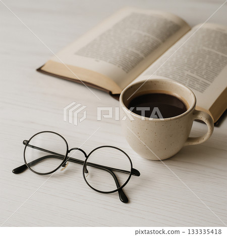 Quiet reading time with an open book, coffee and glasses 133335418