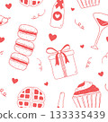 Galentine's Day seamless pattern background. Cute hand drawn doodle texture with waffle, cocktail, cupcake, and gift box. Festive brunch party illustration for wrapping paper, textile, and wallpaper 133335439