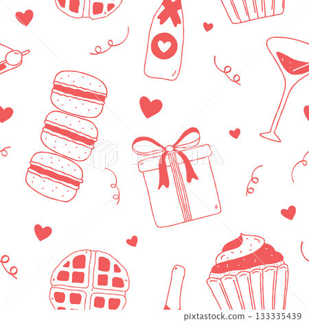 Galentine's Day seamless pattern background. Cute hand drawn doodle texture with waffle, cocktail, cupcake, and gift box. Festive brunch party illustration for wrapping paper, textile, and wallpaper Galentine's Day seamless pattern background. Cute hand drawn doodle texture with waffle, cocktail, cupcake, and gift box. Festive brunch party illustration for wrapping paper, textile, and wallpaper 133335439