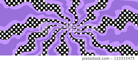 Groovy smoke background with flowing purple waves and black and white checkered pattern. Abstract psychedelic ray effect with dynamic motion. Vector illustration Groovy smoke background with flowing purple waves and black and white checkered pattern. Abstract psychedelic ray effect with dynamic motion. Vector illustration 133335475