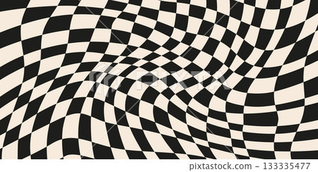 Psychedelic wavy background with black and white distorted checker pattern in groovy abstract style. Psychedelic checker horizontal background with optical curved motion. Vector illustration 133335477