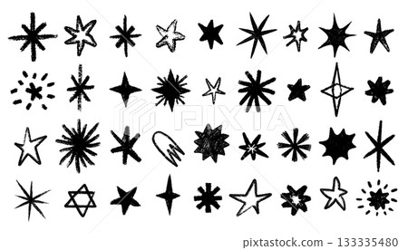 Star set with hand drawn crayon sketch texture, doodle stars, sparks, comets and abstract cosmic shapes in playful chalk style. Crayon sketch illustration with texture. Great for stickers, prints Star set with hand drawn crayon sketch texture, doodle stars, sparks, comets and abstract cosmic shapes in playful chalk style. Crayon sketch illustration with texture. Great for stickers, prints 133335480