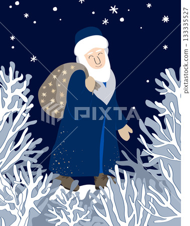 Cute Saint Nicholas walking through the winter forest with a gift sack. Cartoon Santa character with a gift bag. Saint Nicholas day vector illustration. Cute Saint Nicholas walking through the winter forest with a gift sack. Cartoon Santa character with a gift bag. Saint Nicholas day vector illustration. 133335527