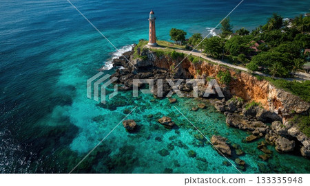 lighthouse on a cliff in tropical seascape lighthouse on a cliff in tropical seascape 133335948