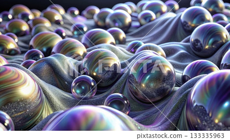 Shimmering spheres create a captivating landscape of color and texture on a soft surface 133335963