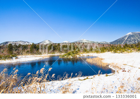 [Aomori Prefecture_Hakkoda_Suiren-numa] First snow of the season at Suiren-numa and the Hakkoda mountain range in October 133336001