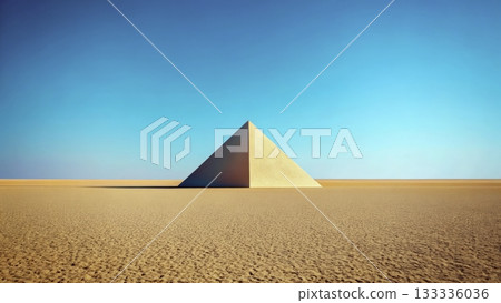Majestic pyramid standing alone in the vast desert landscape under clear blue sky Majestic pyramid standing alone in the vast desert landscape under clear blue sky 133336036