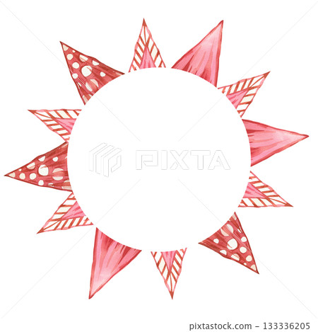 Watercolor round frame of flags in bright pink. All objects are hand-painted in watercolor. The illustration is perfect for printing on postcards, invitations, creativity, design. Watercolor round frame of flags in bright pink. All objects are hand-painted in watercolor. The illustration is perfect for printing on postcards, invitations, creativity, design. 133336205