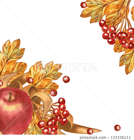 Watercolor illustration featuring a frame of red apple, autumn leaves, and viburnum berries. All objects are hand-painted in watercolor. For printing on Thanksgiving packaging, cards, and invitations. Watercolor illustration featuring a frame of red apple, autumn leaves, and viburnum berries. All objects are hand-painted in watercolor. For printing on Thanksgiving packaging, cards, and invitations. 133336211