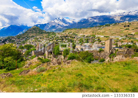 Panoramic view from a hill over City of Sion with and Swiss Alps in Canton Valais, Switzerland Panoramic view from a hill over City of Sion with and Swiss Alps in Canton Valais, Switzerland 133336333