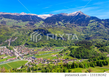 Panoramic view of Meiringen, near Reichenbach falls (Reichenbachfall) at the Swiss Alps in Switzerland 133336342