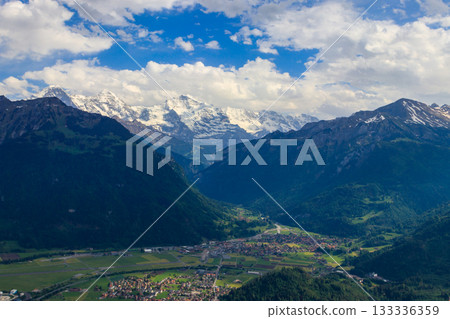 Breathtaking aerial view of Interlaken and Swiss Alps from Harder Kulm viewpoint, Switzerland 133336359