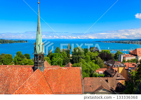 View over Lake Constance (Bodensee) and the old town of Konstanz (also known as Constance)  from bell tower of Konstanz Cathedral, Baden-Wuerttemberg, Germany 133336368
