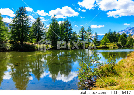 View of Grindji Lake (Grindjisee) and Swiss Alps at summer on Five-lake trail in Zermatt, Switzerland View of Grindji Lake (Grindjisee) and Swiss Alps at summer on Five-lake trail in Zermatt, Switzerland 133336417
