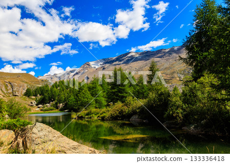 View of Grindji Lake (Grindjisee) and Swiss Alps at summer on Five-lake trail in Zermatt, Switzerland View of Grindji Lake (Grindjisee) and Swiss Alps at summer on Five-lake trail in Zermatt, Switzerland 133336418