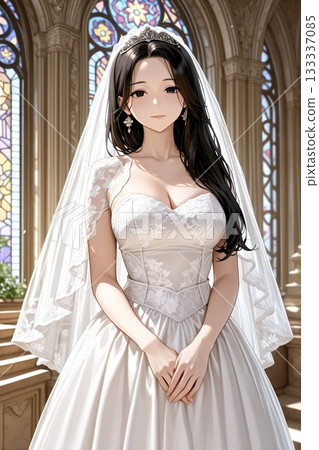 The bride stands in a beautiful stained-glass chapel 133337085