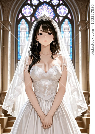 The bride stands in a beautiful stained-glass chapel 133337086