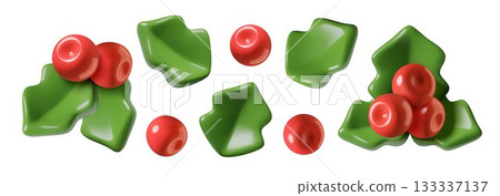 Christmas holly berry winter holiday plant cute minimal 3d vector elements set Christmas holly berry winter holiday plant cute minimal 3d vector elements set 133337137